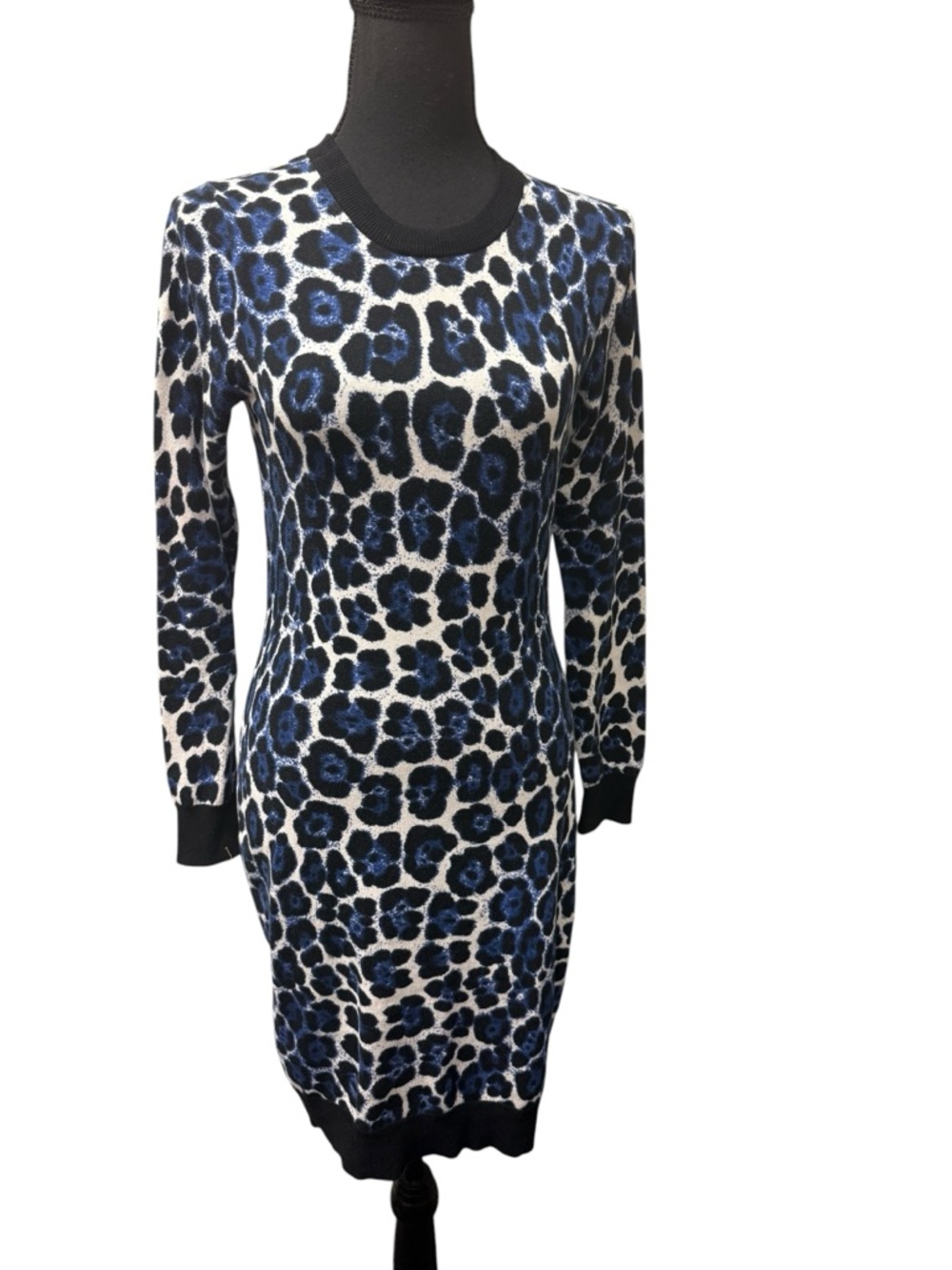 Michael Kors Blue Leopard Print Sweater Dress S Long Sleeve Knit Chic Style